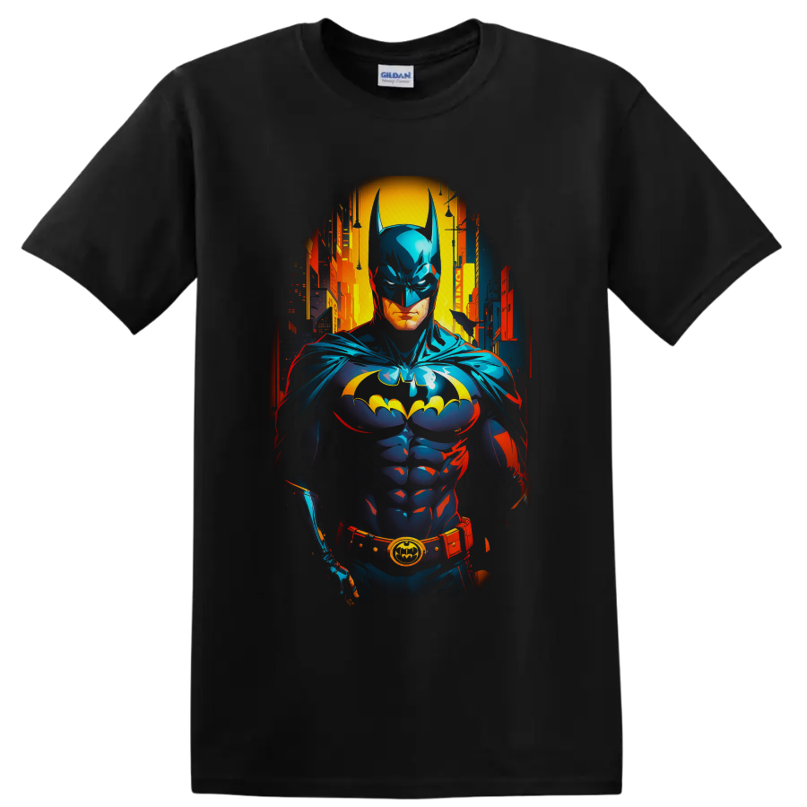 Batman in neon comic-book style before a glowing Gotham City skyline on a Black T Shirt