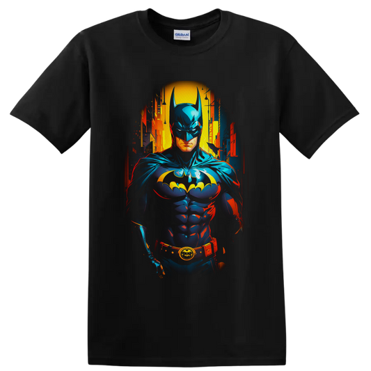 Batman in neon comic-book style before a glowing Gotham City skyline on a Black T Shirt