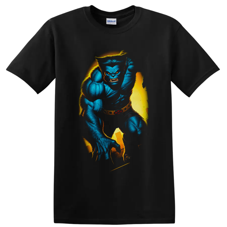 Beast Hank McCoy blue mutant superhero comic art with torn yellow costume on a Black T Shirt