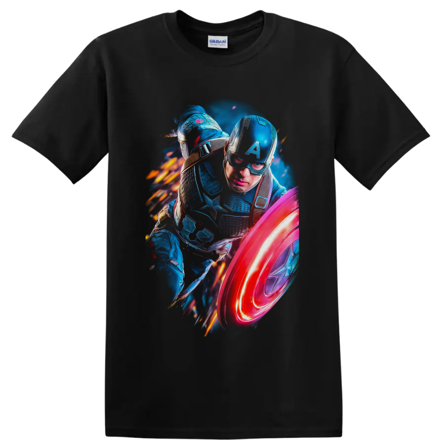 Sam Wilson Captain America in luminous armor with star shield and fiery action effects on a Black T Shirt