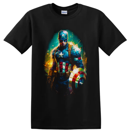 Captain America Steve Rogers with shield in vivid comic-inspired action art on a Black T Shirt