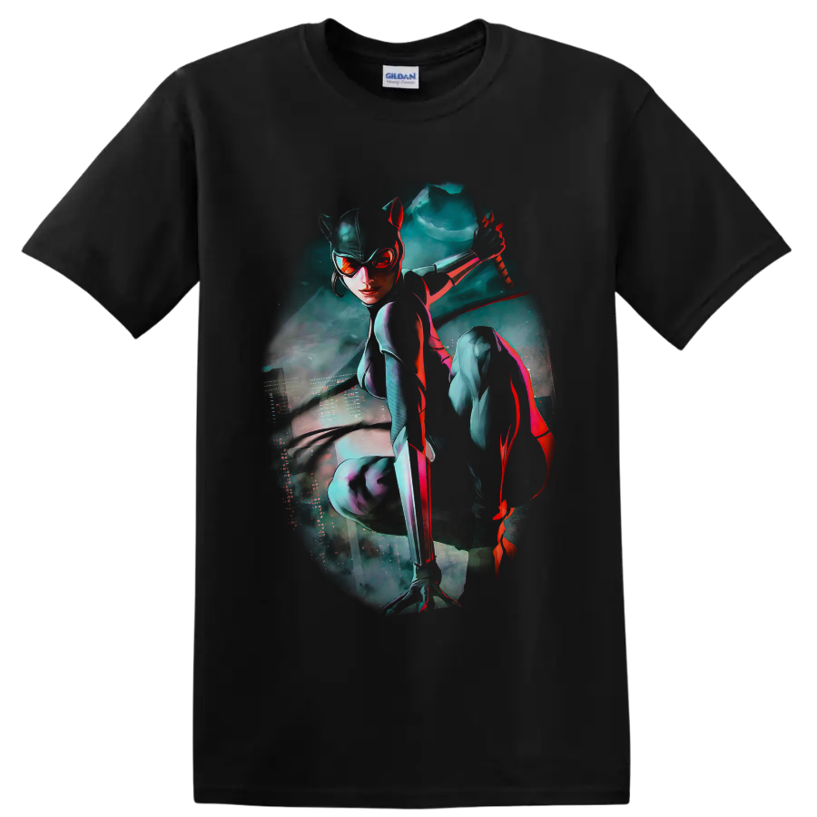 Catwoman cyberpunk art with whip, teal neon city mist, and red highlights on a Black T Shirt