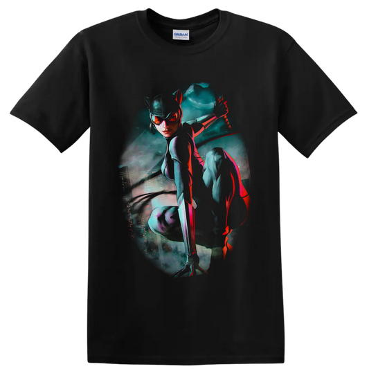 Catwoman cyberpunk art with whip, teal neon city mist, and red highlights on a Black T Shirt