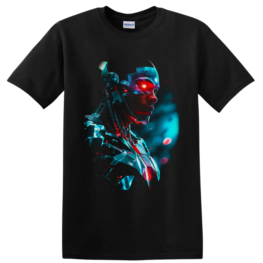 Cyborg Victor Stone cybernetic portrait with glowing red eye and teal futuristic armor on a Black T Shirt