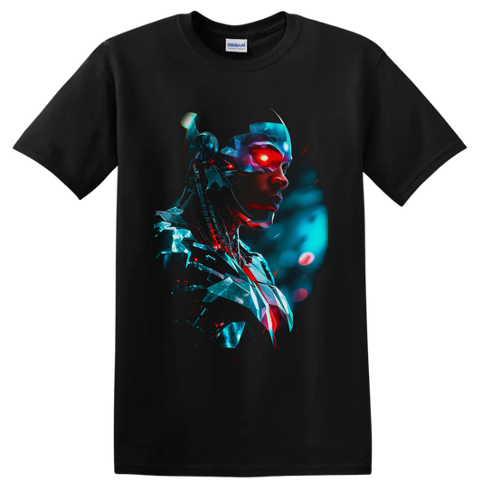 Cyborg Victor Stone cybernetic portrait with glowing red eye and teal futuristic armor on a Black T Shirt