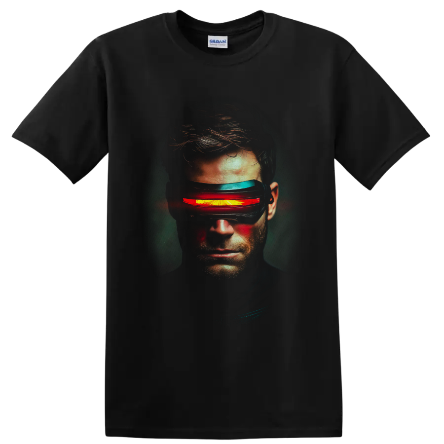 Cyclops Scott Summers portrait with glowing red visor beam in cinematic comic art on a Black T Shirt