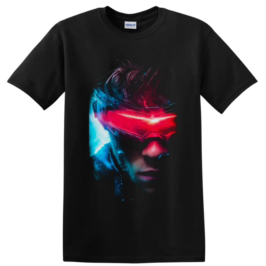 Cyclops Scott Summers neon portrait with glowing red visor and blue sci-fi light on a Black T Shirt