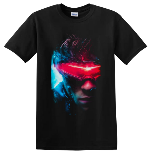 Cyclops Scott Summers neon portrait with glowing red visor and blue sci-fi light on a Black T Shirt