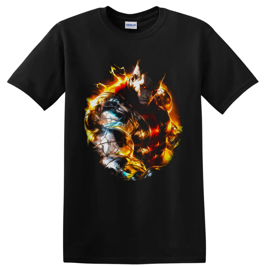 Escanor in silver and gold armor surrounded by blazing fire fantasy artwork on a Black T Shirt