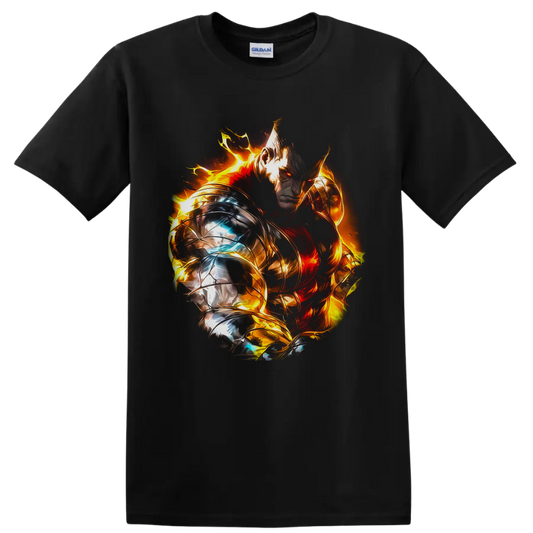 Escanor in silver and gold armor surrounded by blazing fire fantasy artwork on a Black T Shirt