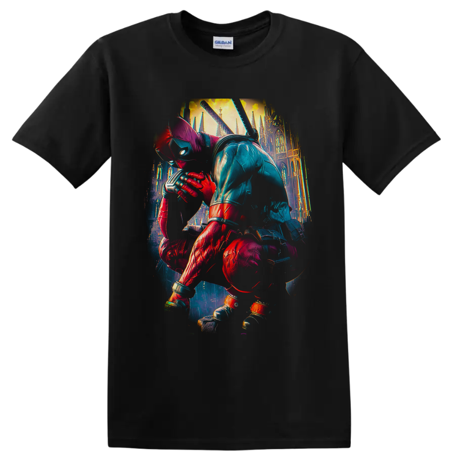Deadpool crouching with katanas before a glowing Gothic cathedral in cinematic comic art on a Black T Shirt