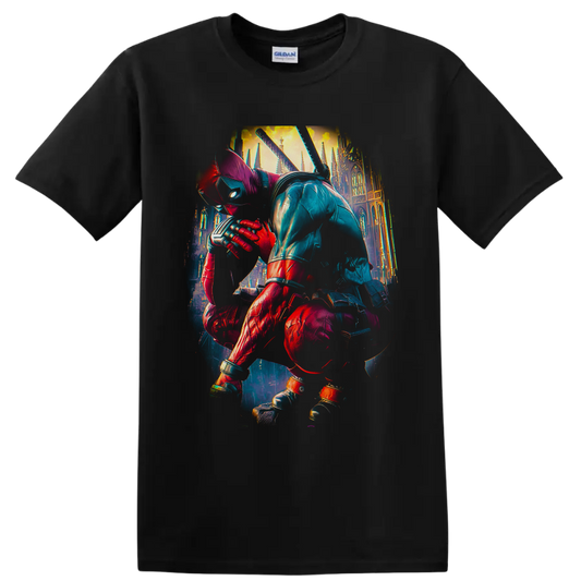 Deadpool crouching with katanas before a glowing Gothic cathedral in cinematic comic art on a Black T Shirt