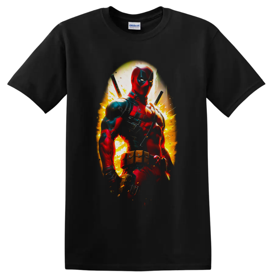Deadpool in explosive comic action art with twin swords and fiery sparks on a Black T Shirt
