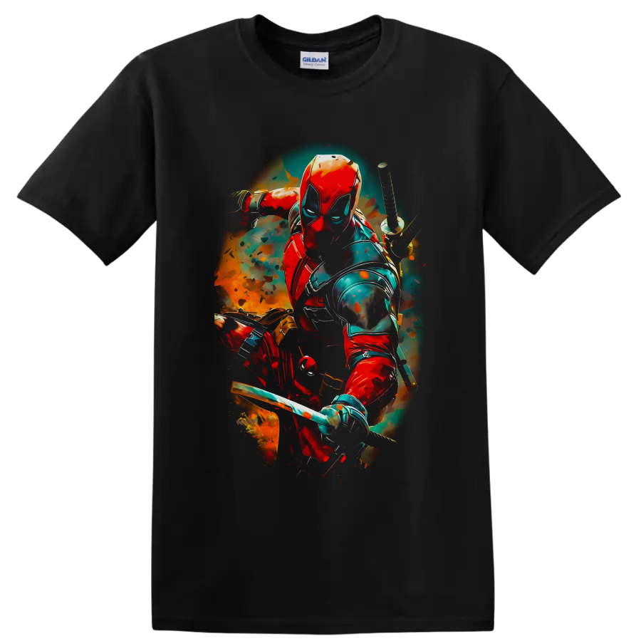 Deadpool masked with katanas in vivid red, teal, and orange comic action art on a Black T Shirt