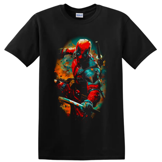 Deadpool masked with katanas in vivid red, teal, and orange comic action art on a Black T Shirt
