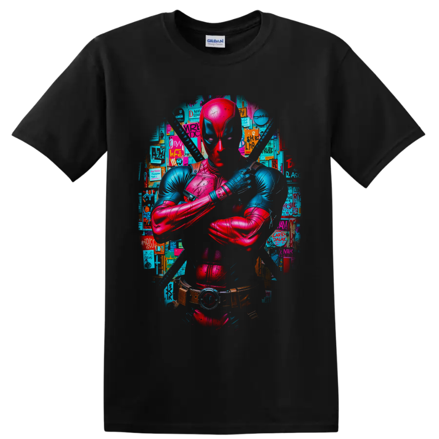 Deadpool neon comic portrait with crossed arms, twin katanas, and poster collage on a Black T Shirt