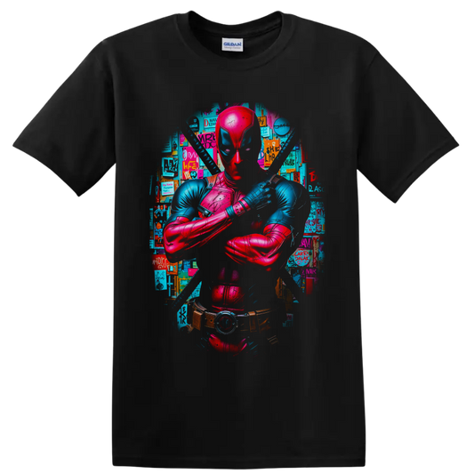 Deadpool neon comic portrait with crossed arms, twin katanas, and poster collage on a Black T Shirt