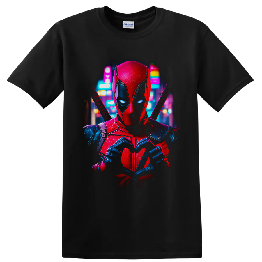Deadpool making heart hands with crossed katanas in a neon city comic-art portrait on a Black T Shirt