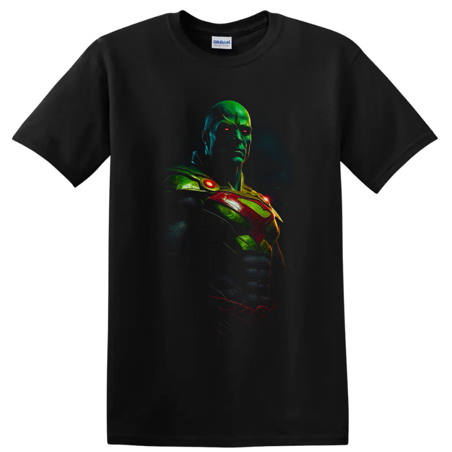 Martian Manhunter J'onn J'onzz neon cosmic superhero portrait with glowing red eyes on a Black T Shirt