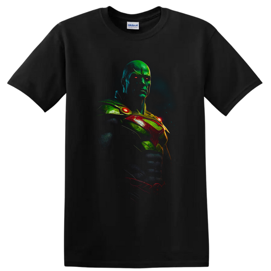 Martian Manhunter J'onn J'onzz neon cosmic superhero portrait with glowing red eyes on a Black T Shirt