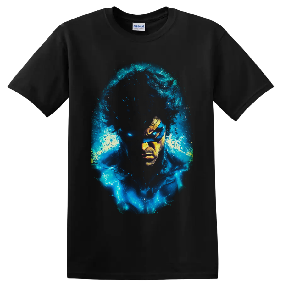 Iceman Bobby Drake portrait with electric blue ice energy and lightning effects on a Black T Shirt