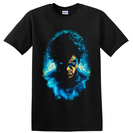 Iceman Bobby Drake portrait with electric blue ice energy and lightning effects on a Black T Shirt