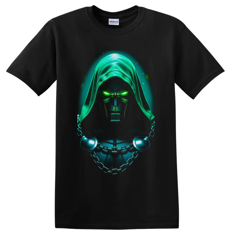 Doctor Doom in neon-green hooded armor with glowing eyes and chained chest on a Black T Shirt