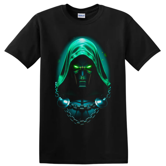 Doctor Doom in neon-green hooded armor with glowing eyes and chained chest on a Black T Shirt