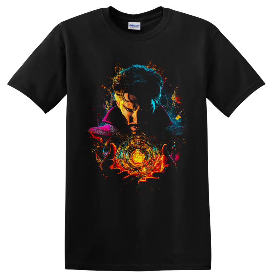 Doctor Strange portrait with glowing magic circle and vibrant cosmic paint splashes on a Black T Shirt