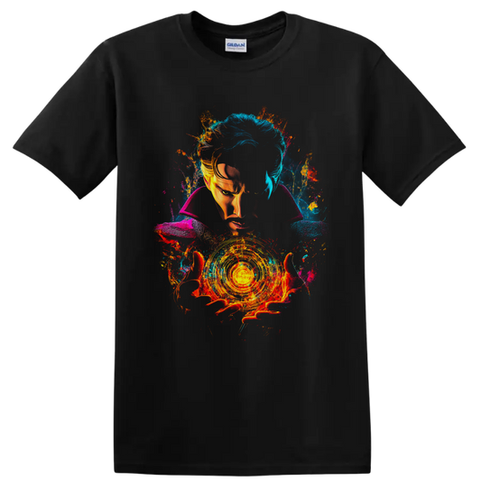Doctor Strange portrait with glowing magic circle and vibrant cosmic paint splashes on a Black T Shirt