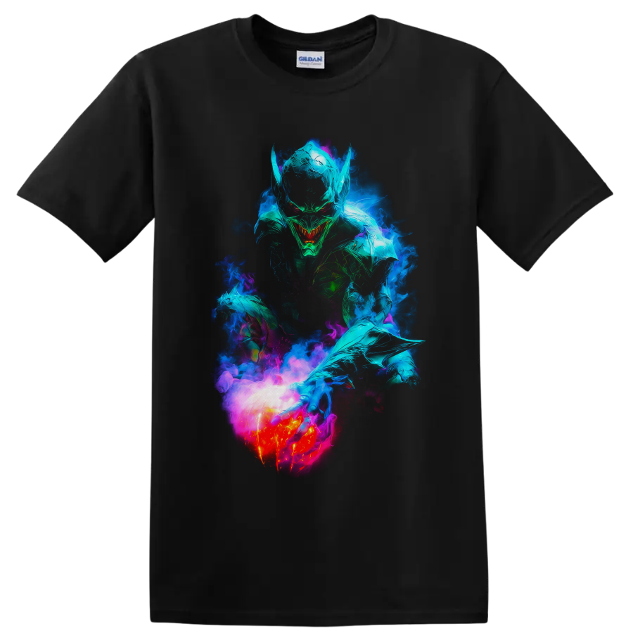 Green Goblin neon comic art with glowing pumpkin bomb and swirling smoke on a Black T Shirt