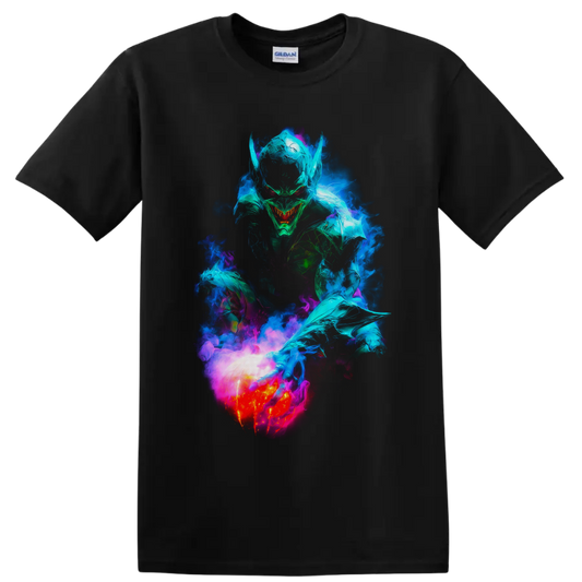 Green Goblin neon comic art with glowing pumpkin bomb and swirling smoke on a Black T Shirt