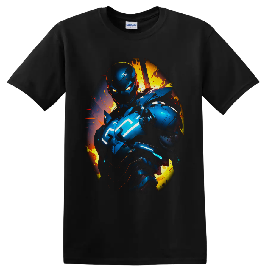 Iron Man in blue futuristic armor with glowing cyan energy and fiery comic explosion on a Black T Shirt