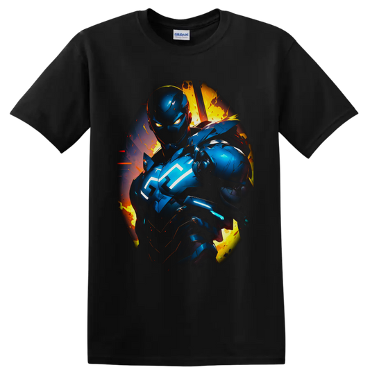 Iron Man in blue futuristic armor with glowing cyan energy and fiery comic explosion on a Black T Shirt