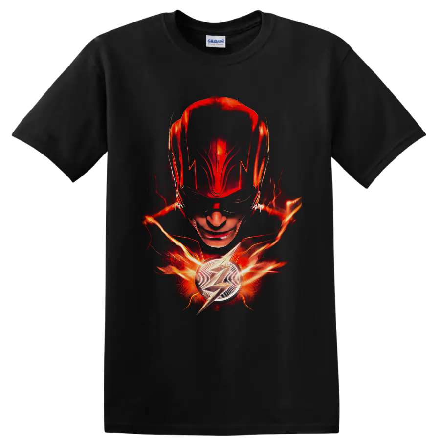 The Flash Barry Allen portrait with glowing lightning and chest emblem on a Black T Shirt