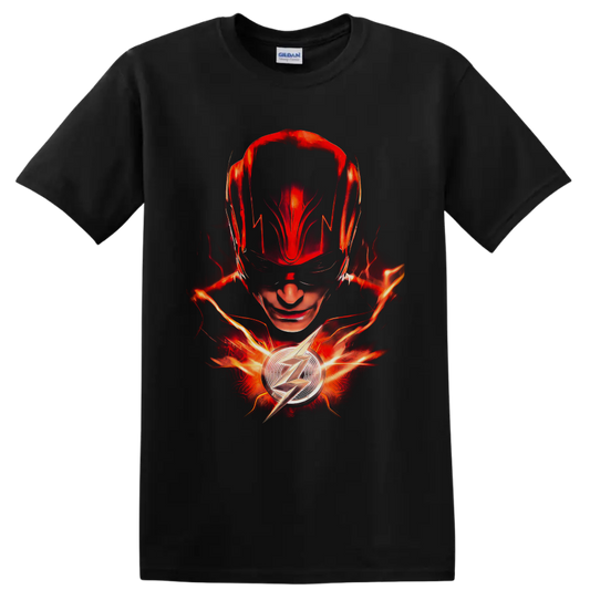 The Flash Barry Allen portrait with glowing lightning and chest emblem on a Black T Shirt
