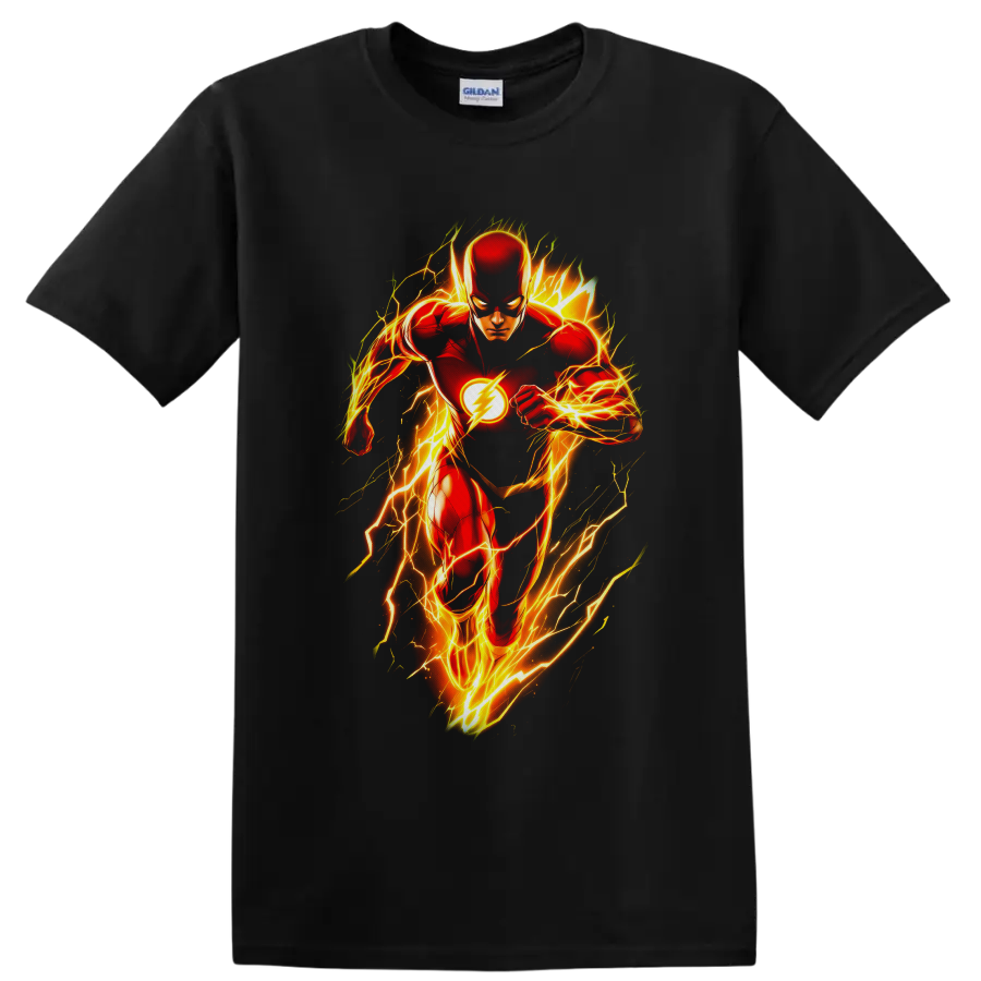 The Flash Barry Allen comic art sprinting through glowing yellow-orange lightning on a Black T Shirt