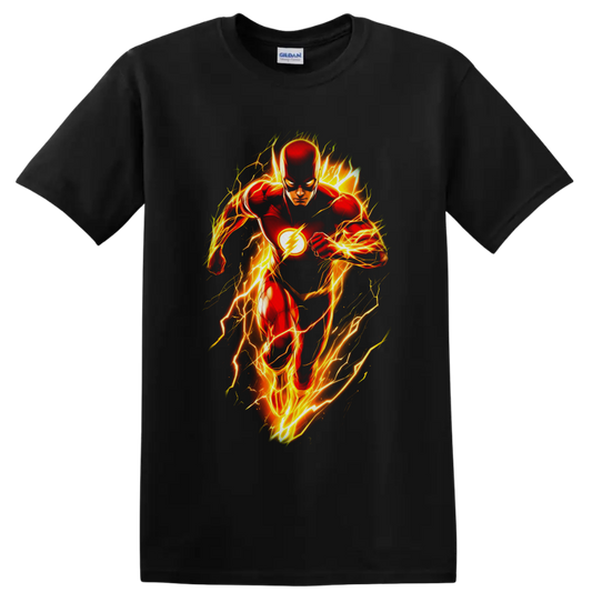 The Flash Barry Allen comic art sprinting through glowing yellow-orange lightning on a Black T Shirt