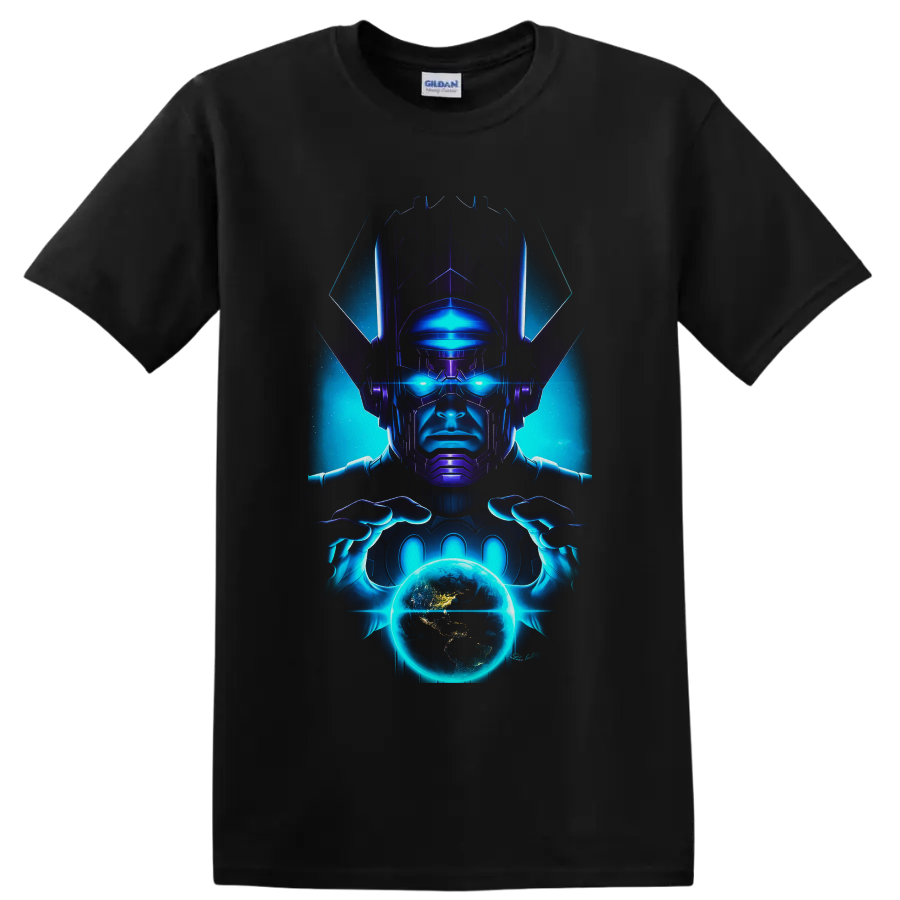 Galactus cosmic comic artwork with glowing blue eyes holding a radiant planet on a Black T Shirt