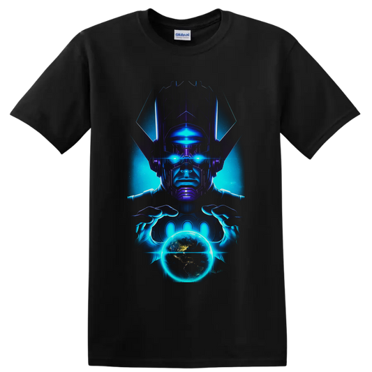 Galactus cosmic comic artwork with glowing blue eyes holding a radiant planet on a Black T Shirt