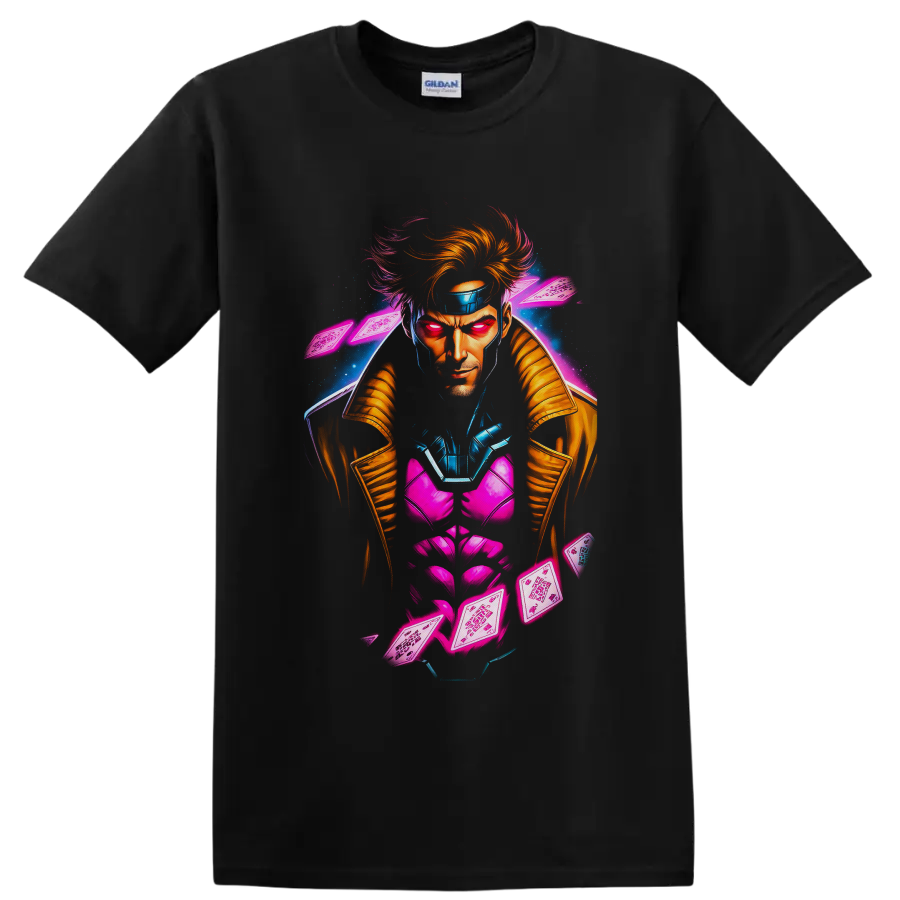 Gambit neon comic portrait with glowing playing cards and blue energy effects on a Black T Shirt