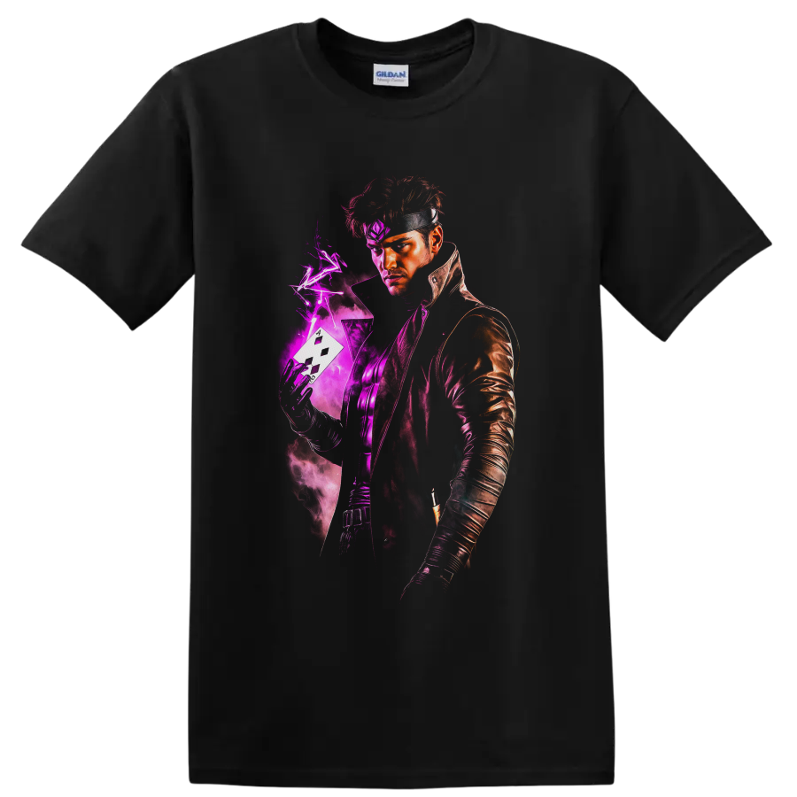 Gambit portrait with charged playing card, purple lightning, and neon comic energy on a Black T Shirt