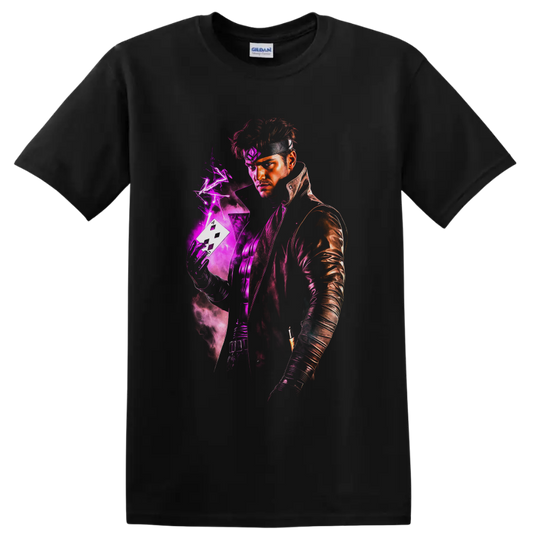 Gambit portrait with charged playing card, purple lightning, and neon comic energy on a Black T Shirt