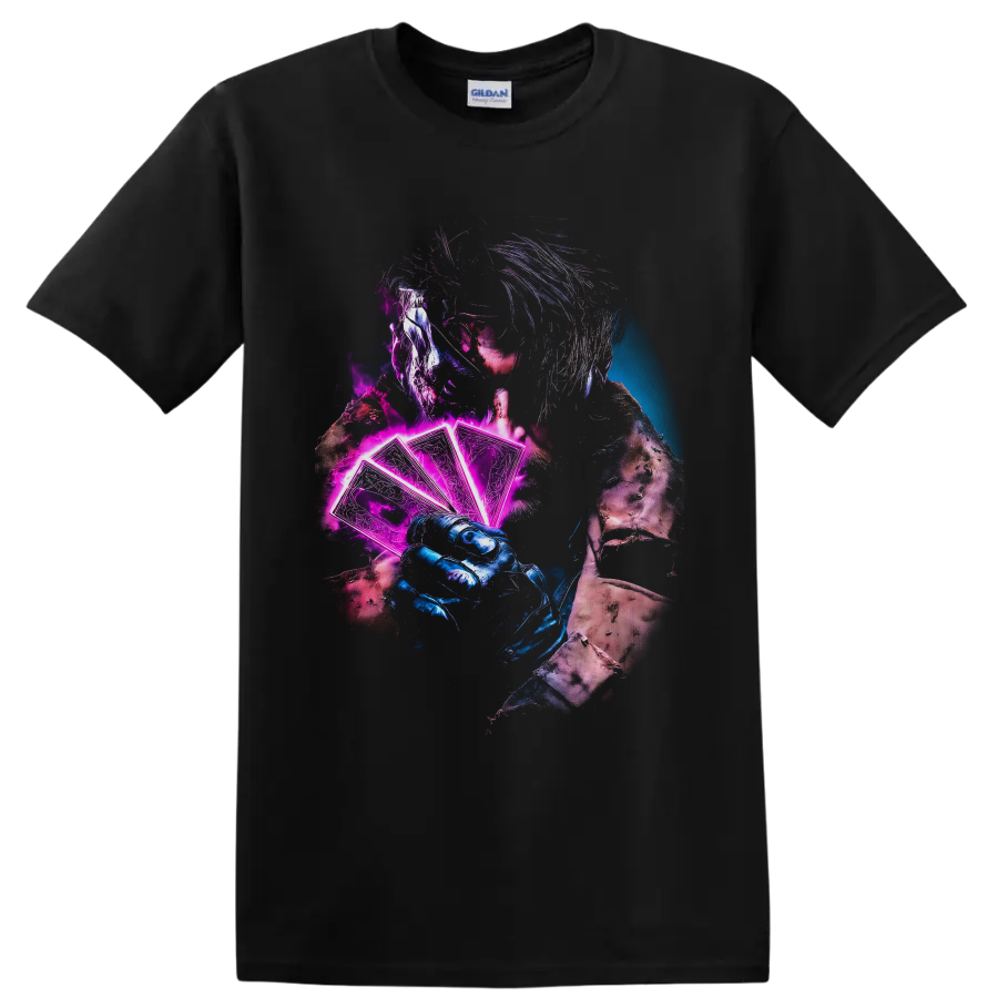 Gambit holding glowing neon playing cards in a gritty blue and magenta comic art style on a Black T Shirt