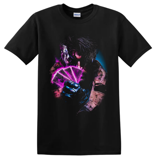 Gambit holding glowing neon playing cards in a gritty blue and magenta comic art style on a Black T Shirt