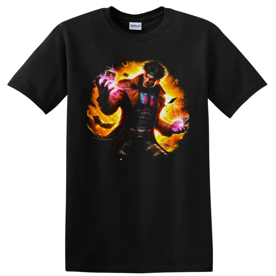Gambit with glowing charged cards, lightning, and fiery comic-style action art on a Black T Shirt