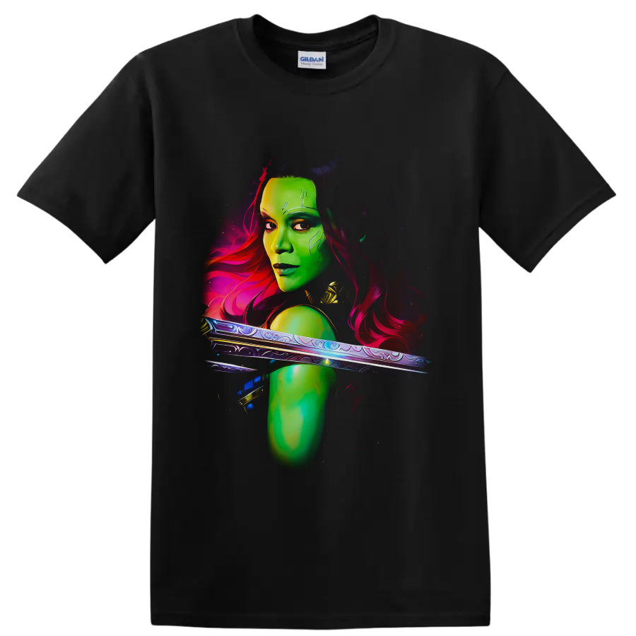 Gamora cosmic sword warrior portrait in vivid neon sci-fi digital art on a Black T Shirt