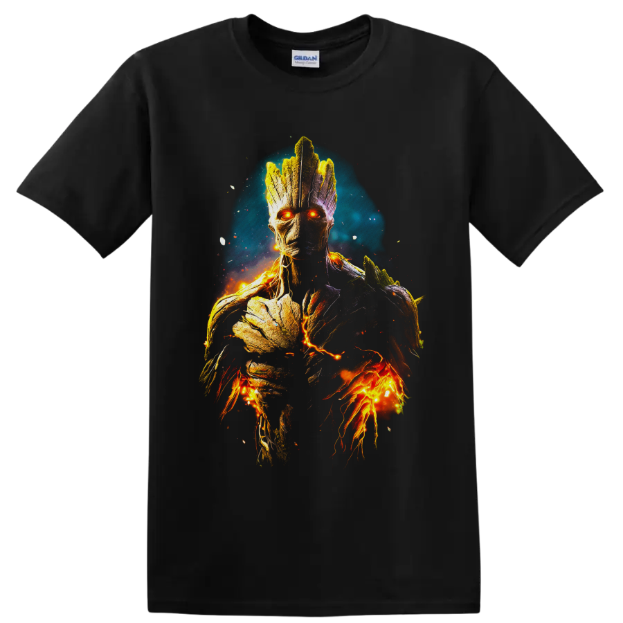 Fiery cosmic Groot portrait with glowing orange eyes, bark texture, sparks, and teal halo on a Black T Shirt