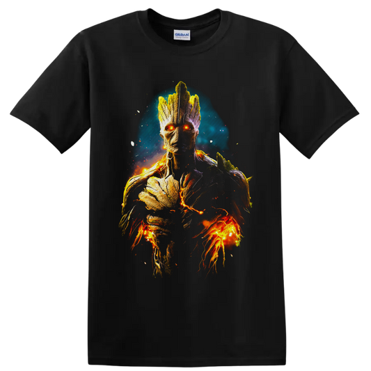 Fiery cosmic Groot portrait with glowing orange eyes, bark texture, sparks, and teal halo on a Black T Shirt