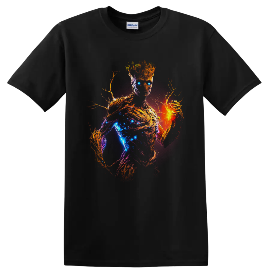 Groot cosmic neon portrait with glowing blue energy, fiery orange hand, and branching bark on a Black T Shirt